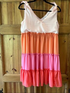 Tiered Tie-Shoulder Mini Dress in Peach, Orange & Pink